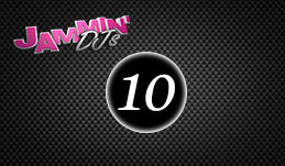 Promotional graphic featuring the text "jammin' djs" in pink and white neon-style font on a black textured background with a large black and white bingo ball numbered 10.