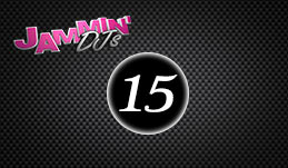 Graphic design featuring the logo "jammin' dj trivia" with the number 15 in a glossy black circle on a textured dark background.