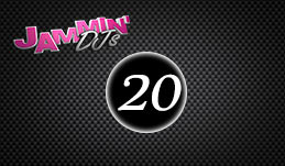 Logo featuring the text "jammin' dj trivia" in pink neon style on a black dotted background, with a prominent black and white number '20' on a glossy sphere.