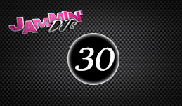 Logo for "jammin' djs" featuring the number 30 on a black sphere, set against a dark trivia-themed background.