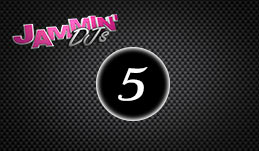 Graphic with the text "trivia jammin' djs" in pink stylized font on a black dotted background, featuring a prominent black billiard ball with the number 5.